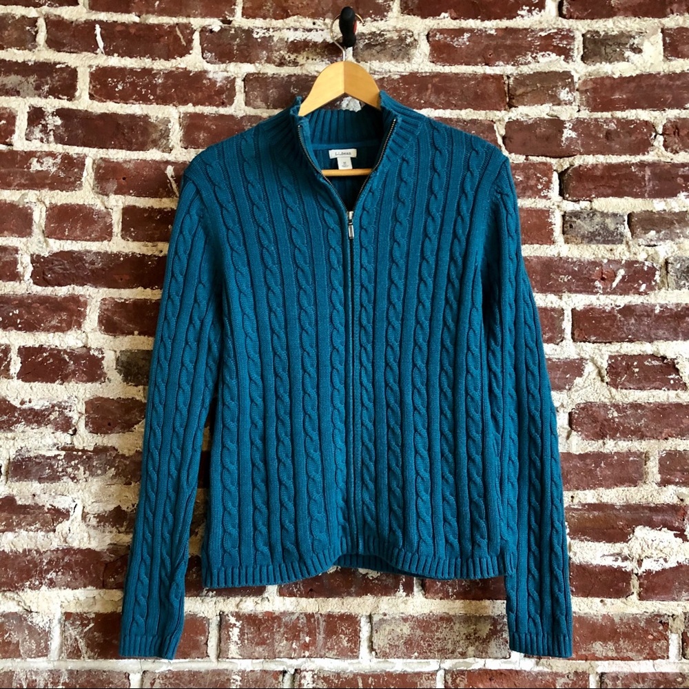 L.L. Bean Double L Cotton Zip-Front Cable Cardigan